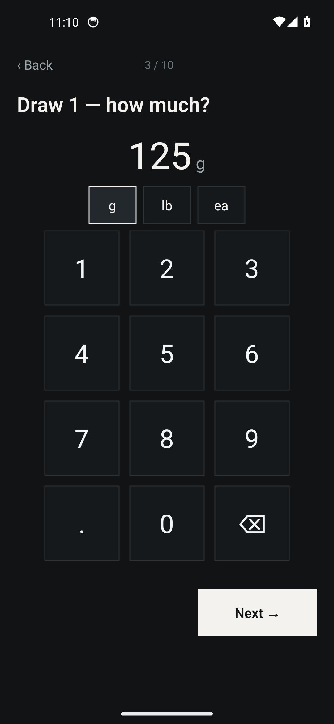 KalibrOS Floor: a single-action flashcard with a full-screen numpad, entering a draw weight in grams