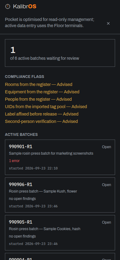 KalibrOS Pocket: the read-only phone dashboard showing an active batch, its compliance flags, and the shift handoff